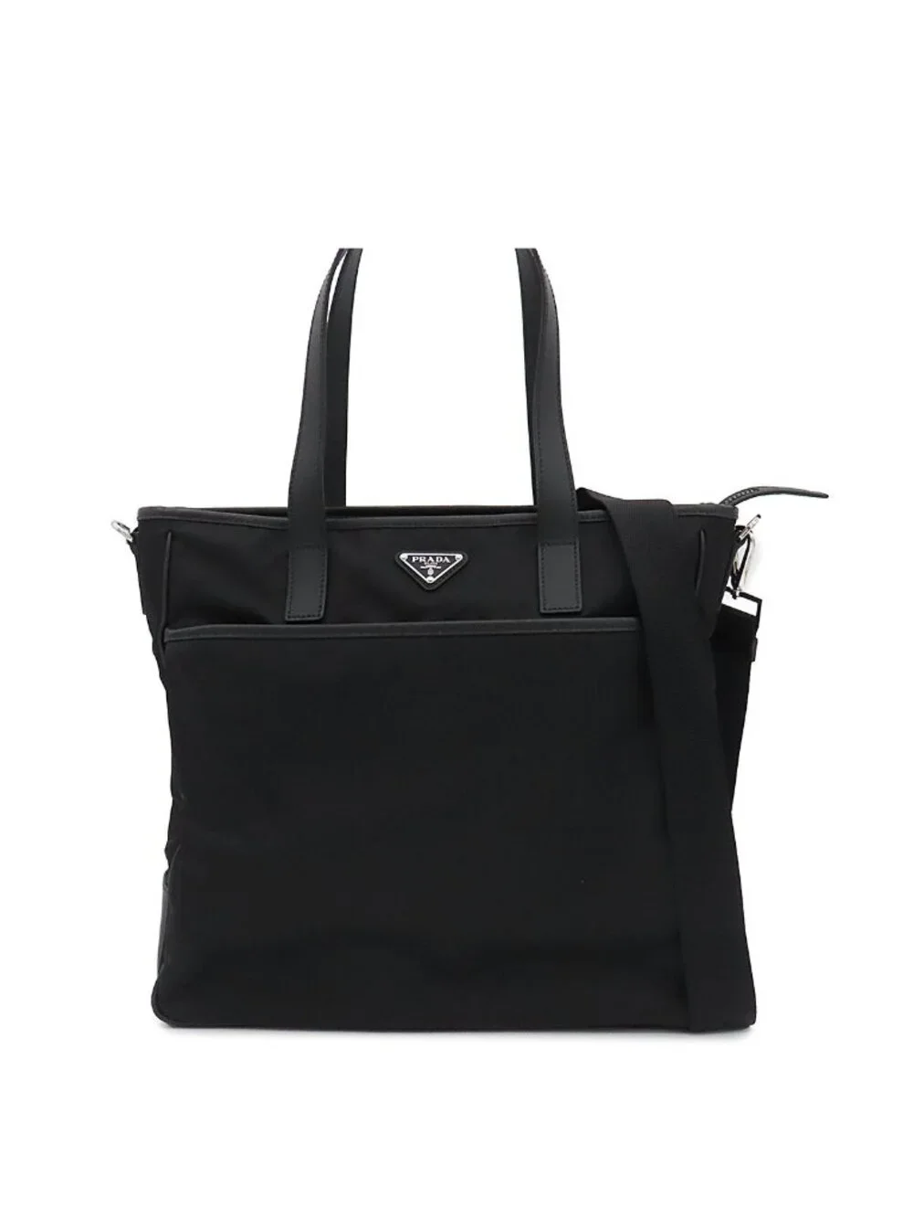 Prada Tote Black Silver Tessuto Leather Triangle Logo 2-Way Handbag